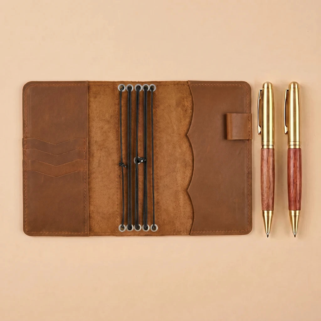 Personalized journal cover with pen loop and five elastic bands