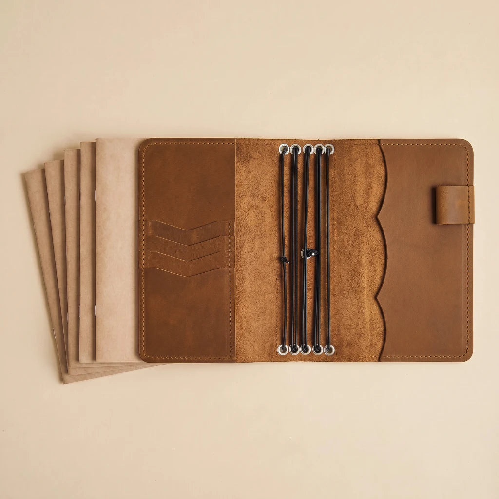 Leather journal cover with organized pockets and secure elastic inserts