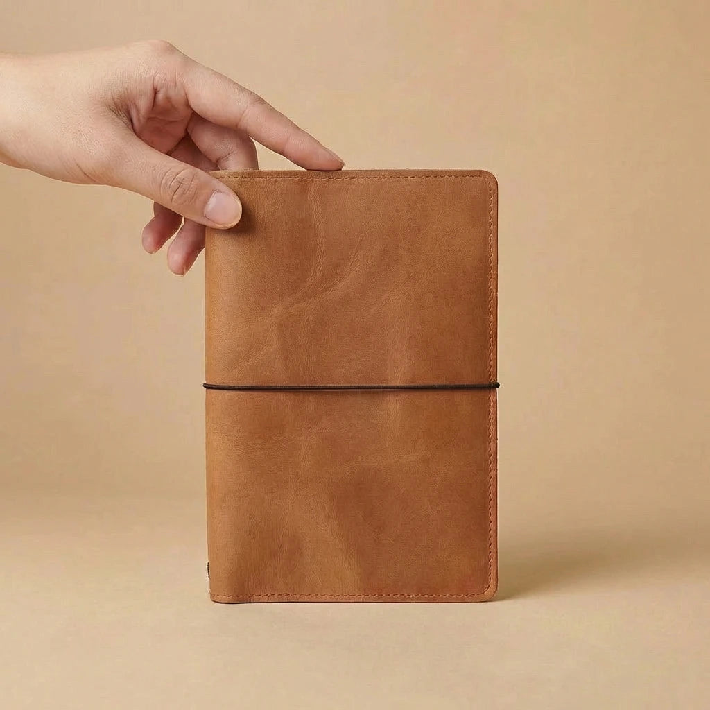 Brown leather notebook held by a hand against a beige background