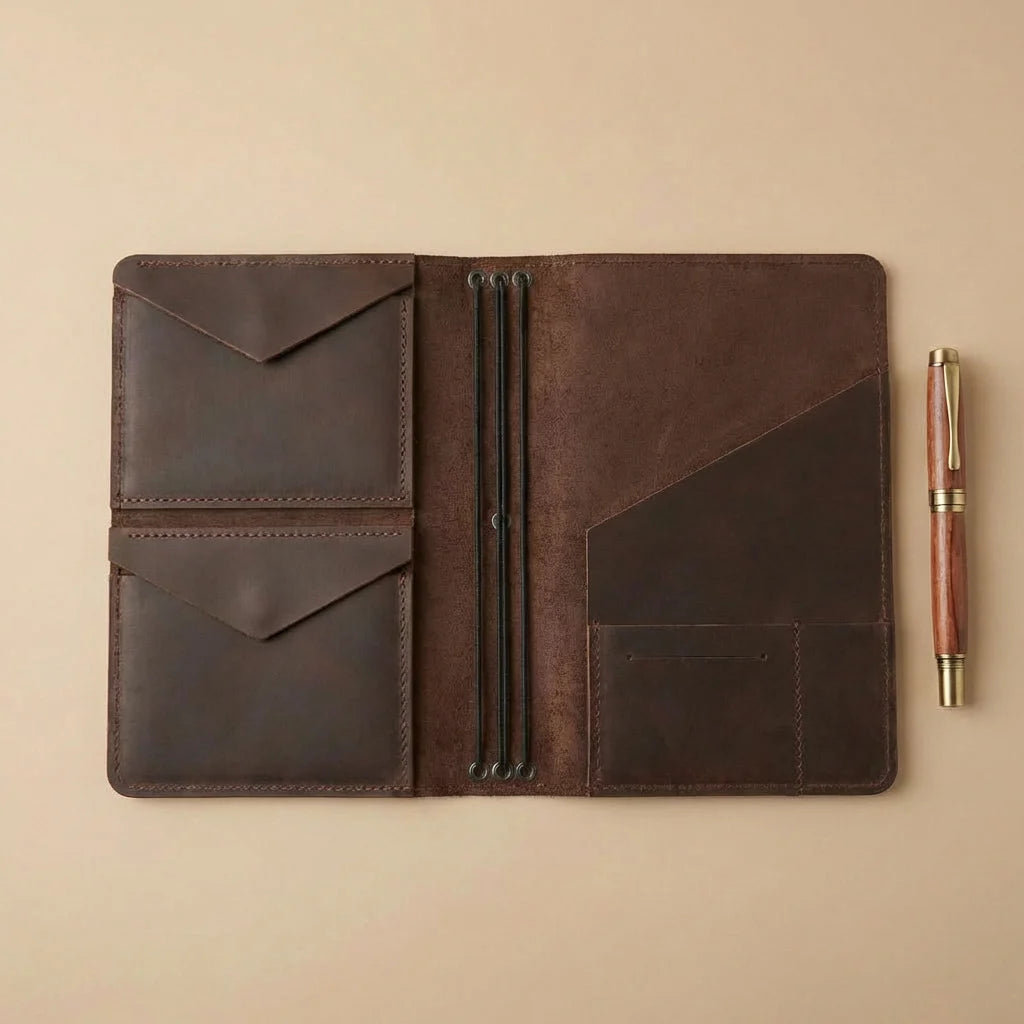 Brown leather folio with pen on a beige background