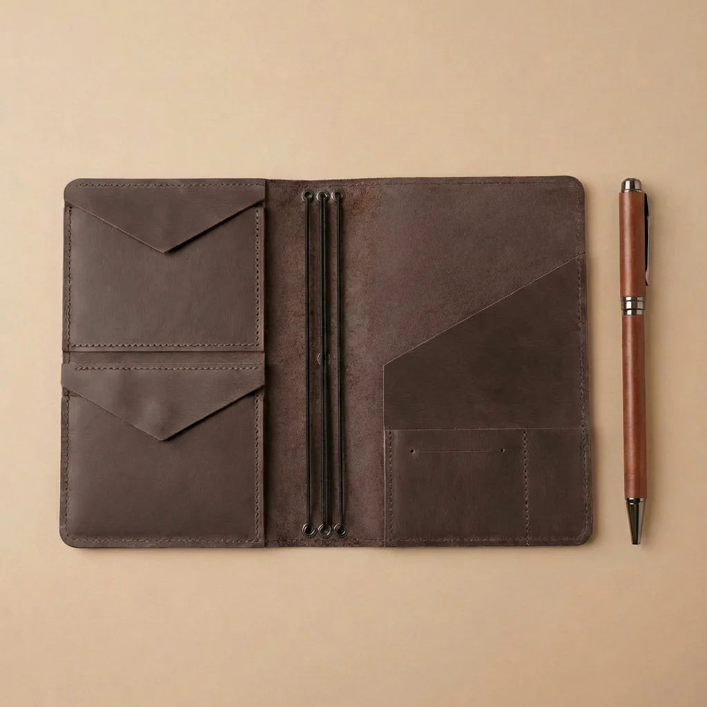 Brown leather journal cover with pen on a beige background