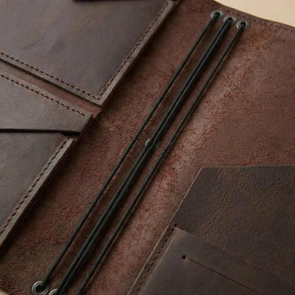 Close-up of a brown leather journal cover with stitching details