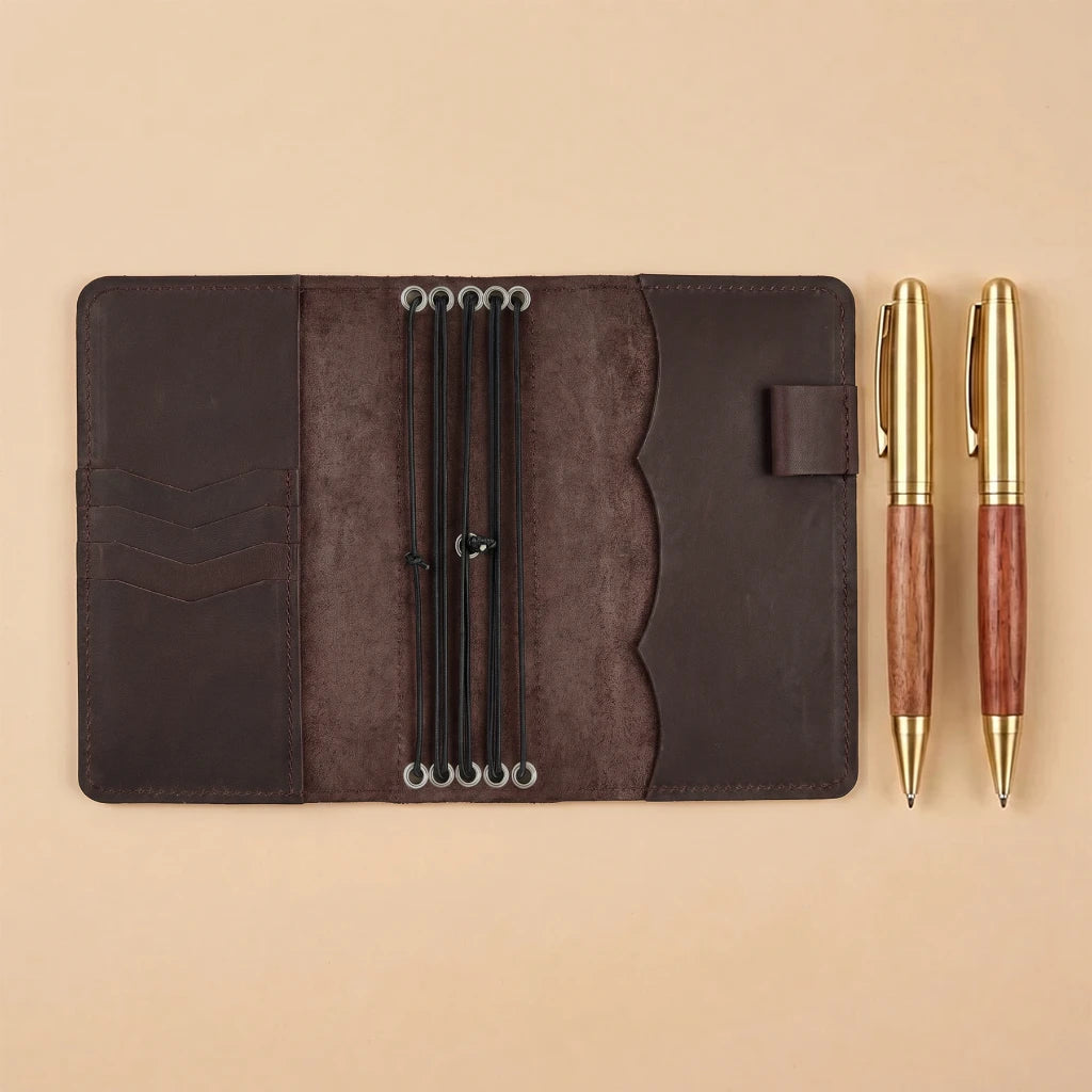 Premium notebook cover with elastic retention system and card pockets