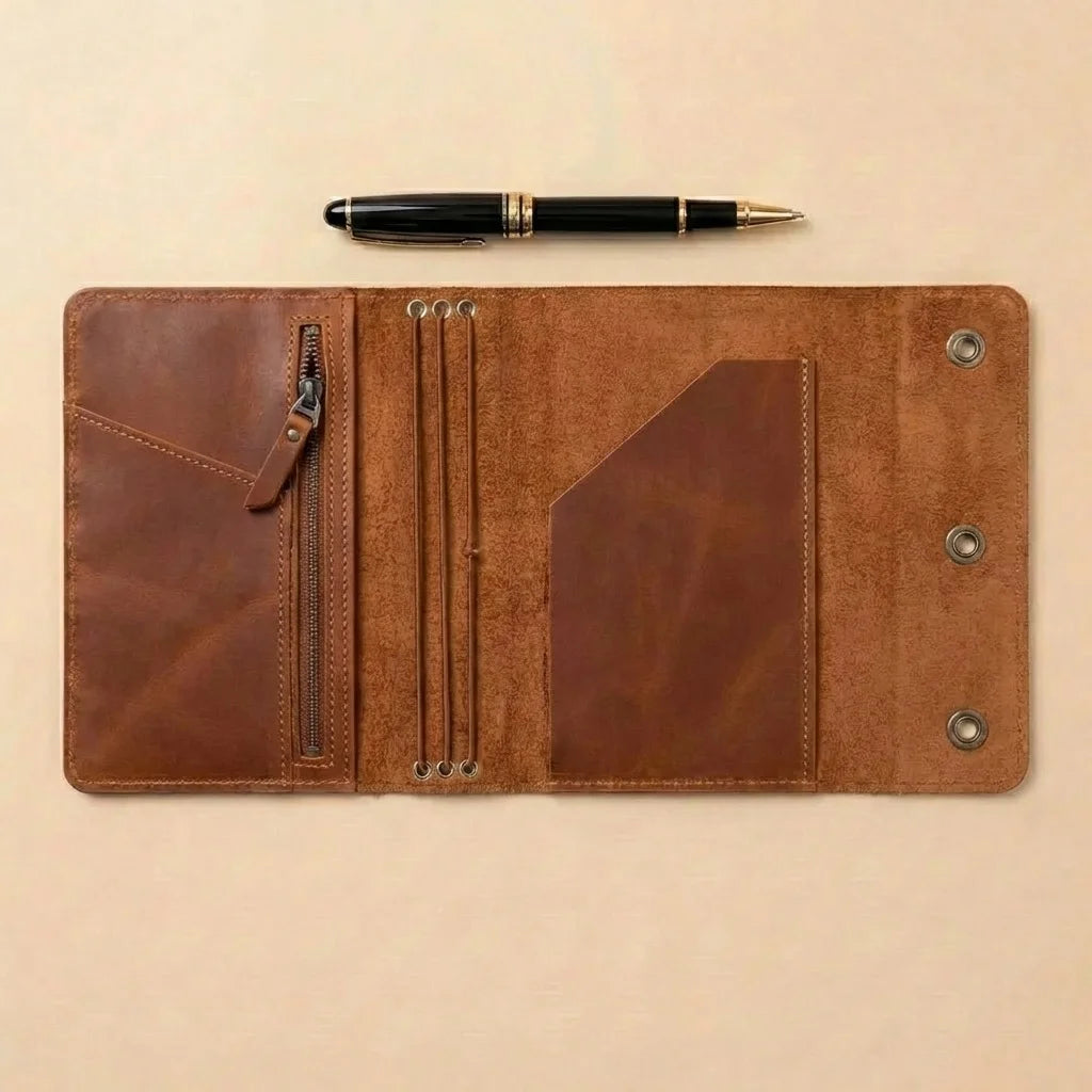Brown leather journal with pen on a beige background