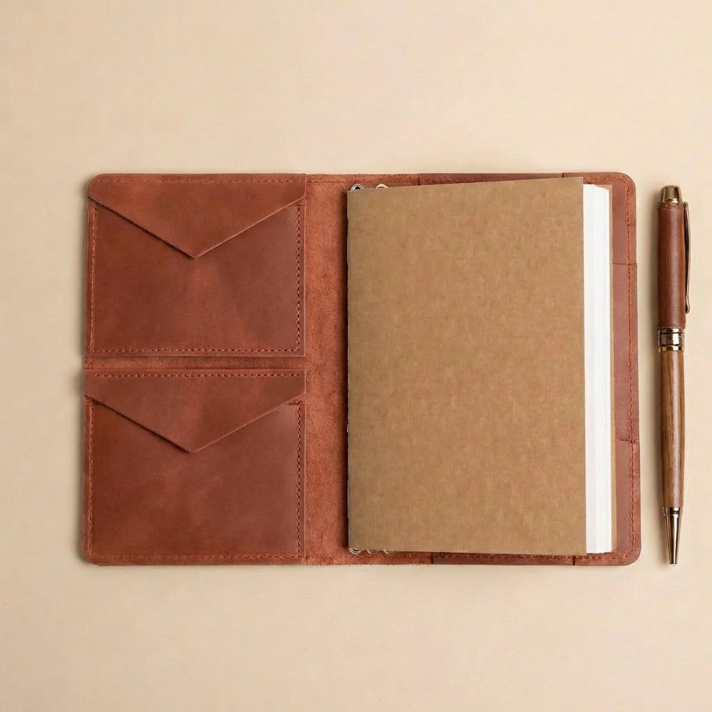 Brown leather notebook cover with a pen on a beige background