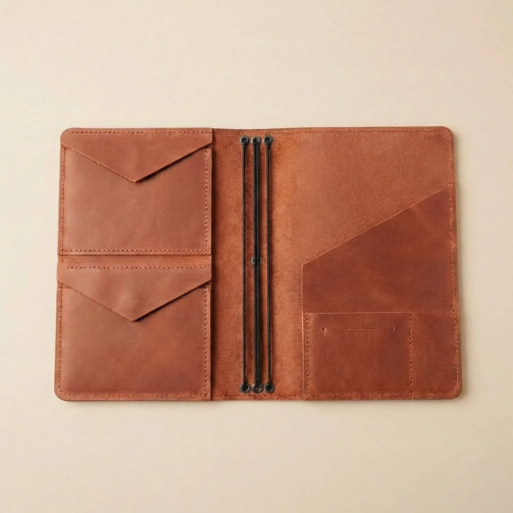 Green leather journal cover held by a hand on a beige background
