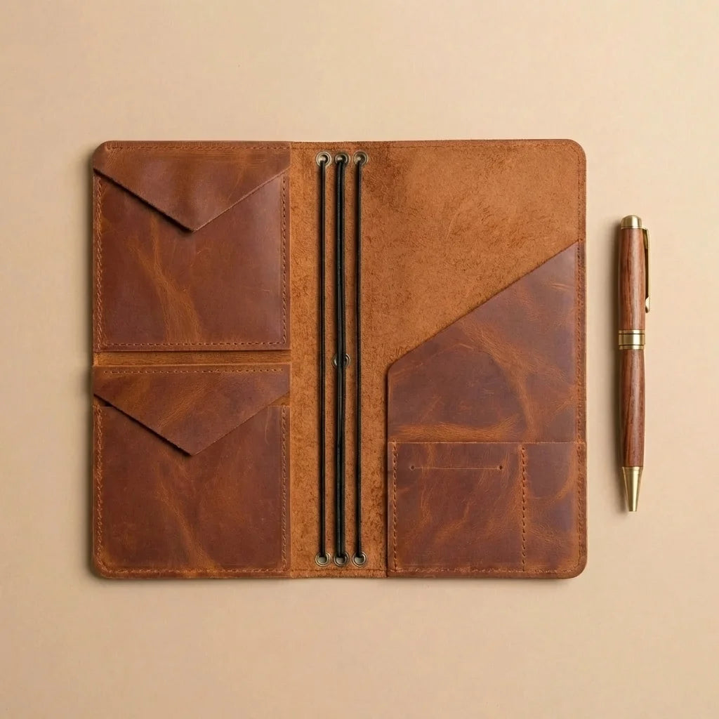 Brown leather notebook with pen on a beige background