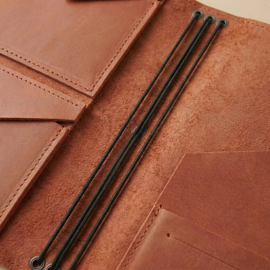 Close-up of a brown leather journal cover with black strings