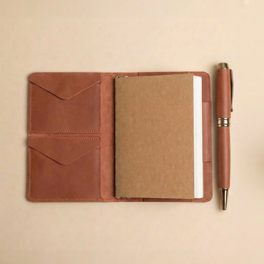 Brown leather notebook with pen on a beige background