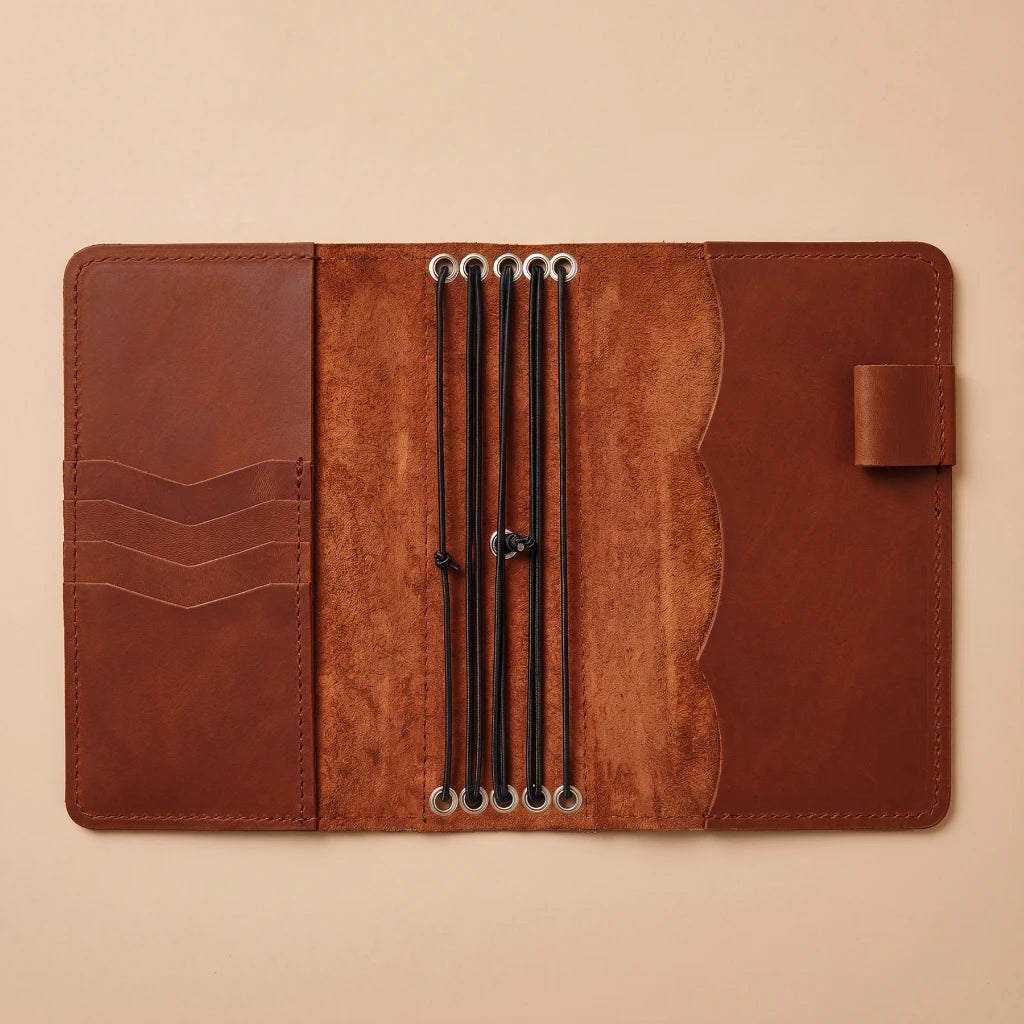Leather notebook case providing structured organization for daily use
