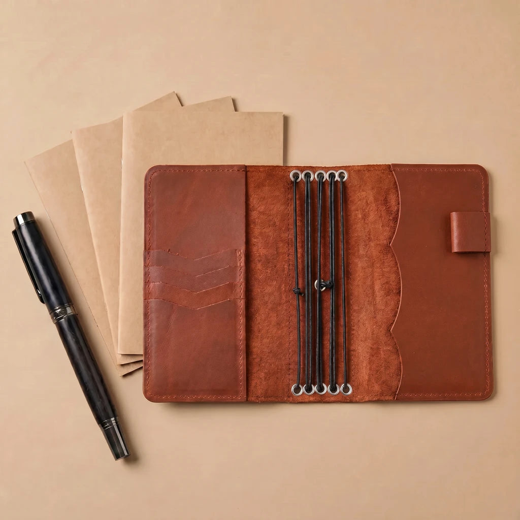 Rustic leather journal organizer with five elastics and inner sleeves