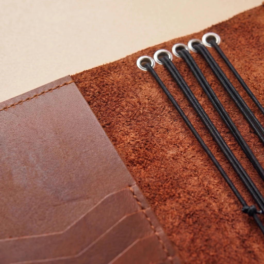 Leather notebook wallet combining pockets, elastics, and pen storage