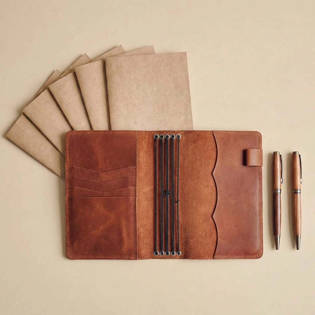 Brown leather notebook cover with pen holder and two pens on a beige background