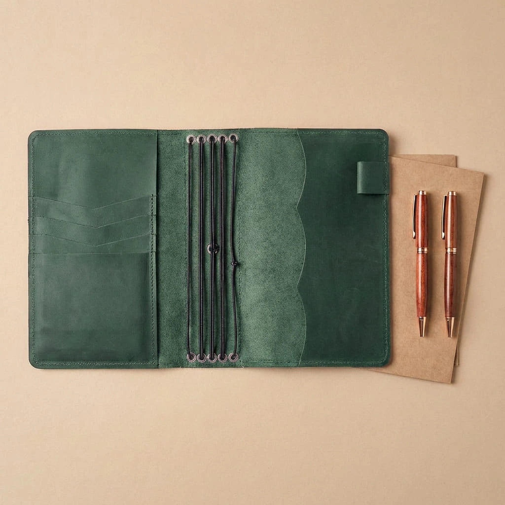 Brown leather journal cover held open by a hand on a beige background