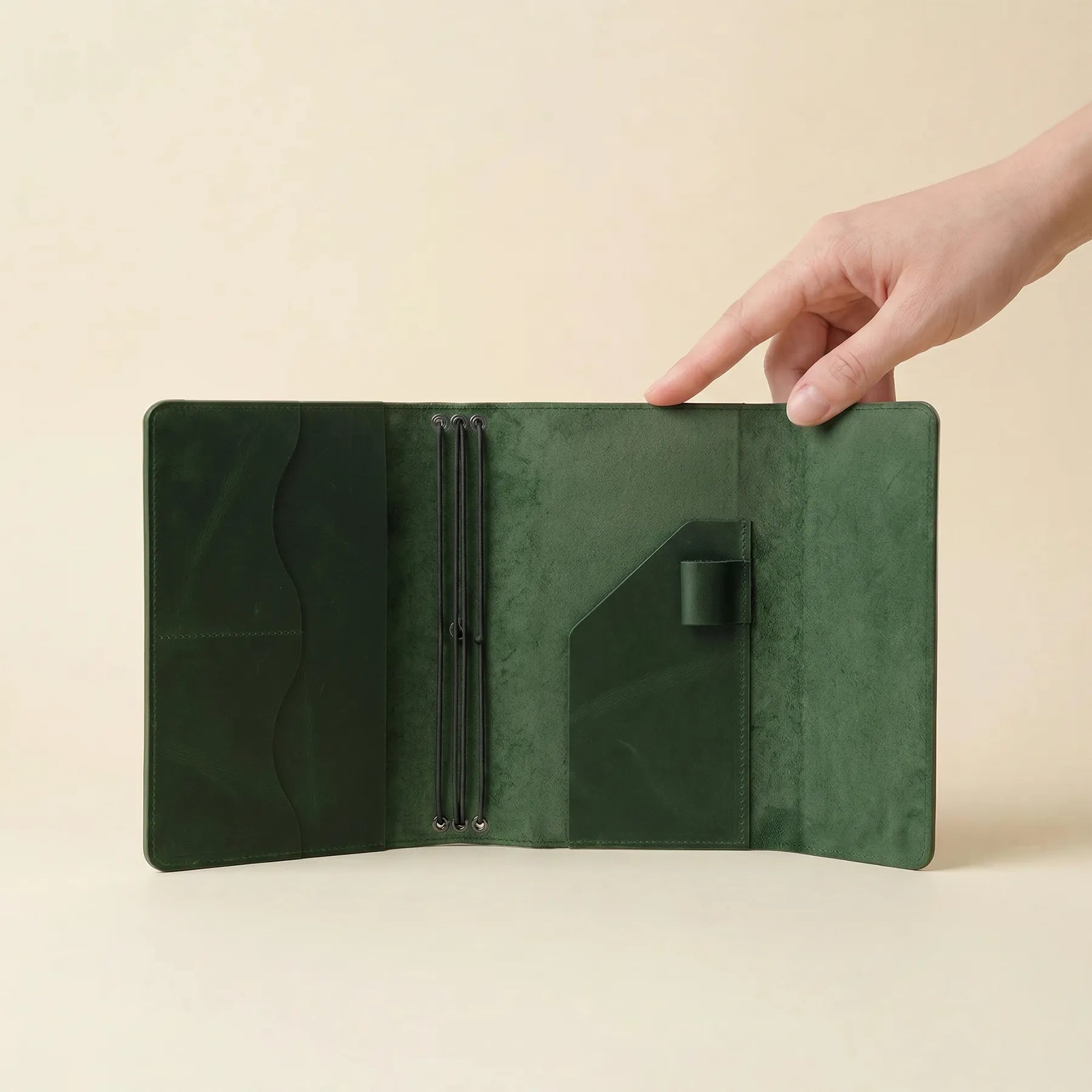 Elegant leather planner cover with pockets, pen loop, and elastic inserts.