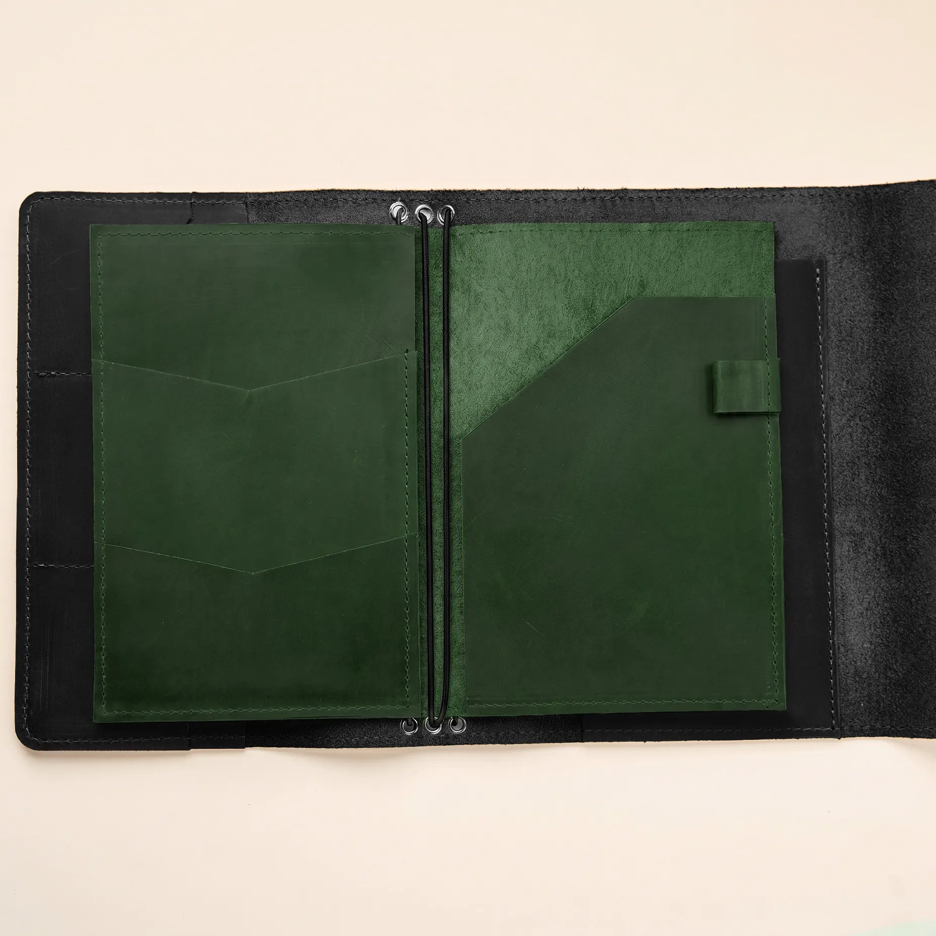Handmade leather notebook insert with pockets for elastic journal covers