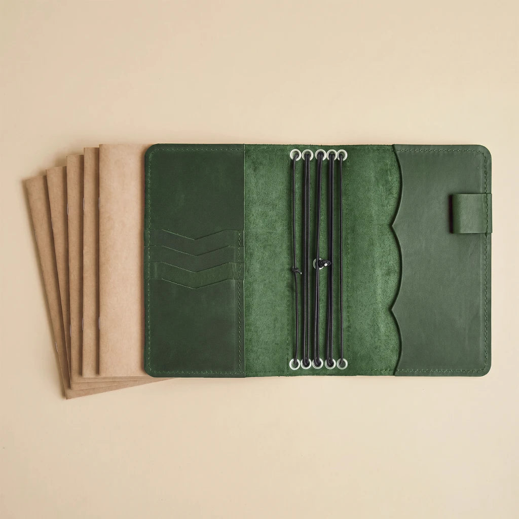 Travel-ready leather notebook organizer with practical inner compartments