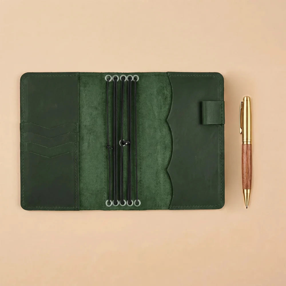 Premium leather travel notebook cover with organizer pockets and secure elastic closures.