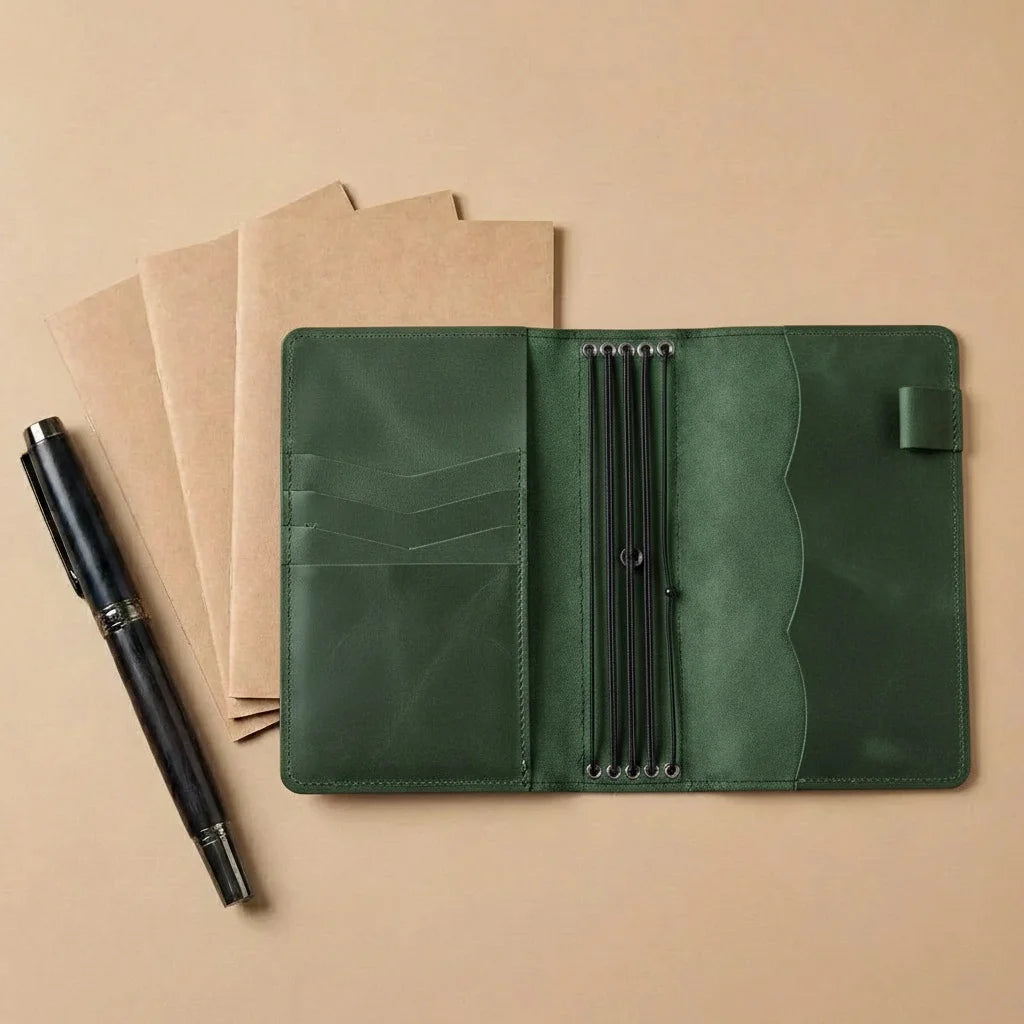 Green leather notebook cover with pen holder, black pen, and brown notebooks on a beige background