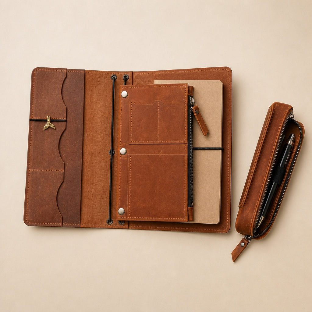 Open journal with leather insert, small mermaid clip and pen case