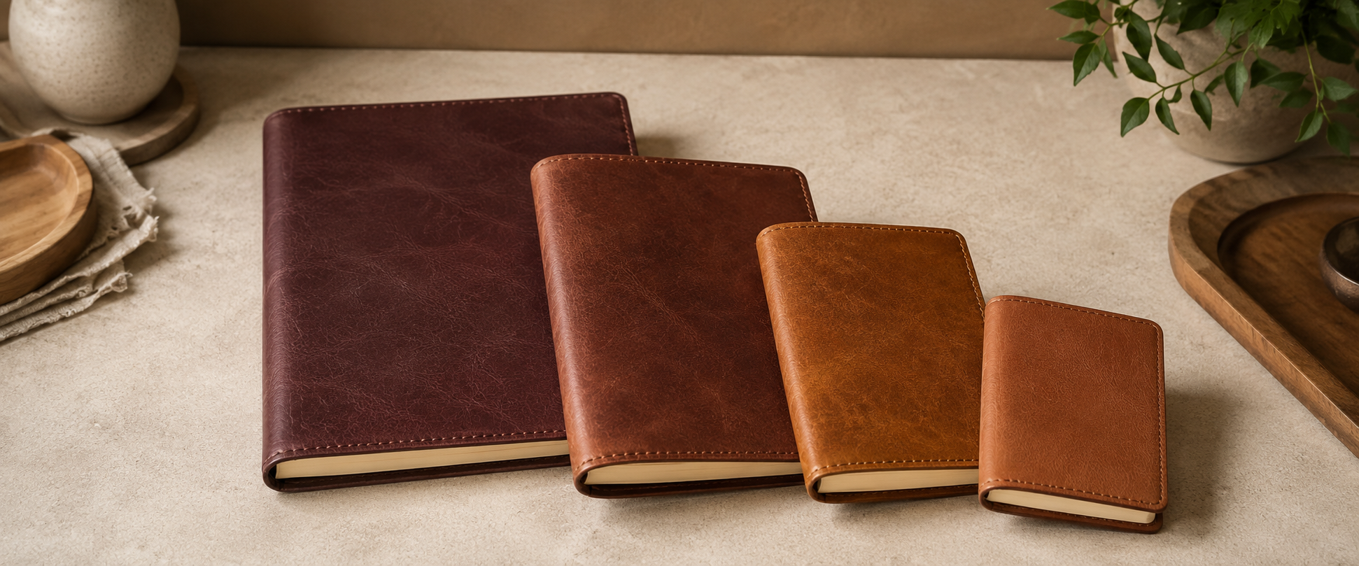 Asperaria leather journals in different sizes for a notebook size guide