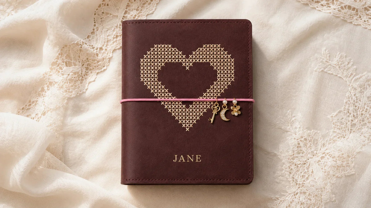 How to cross stitch a leather journal cover: finished Asperaria leather cover with a cross stitch double heart on the front panel