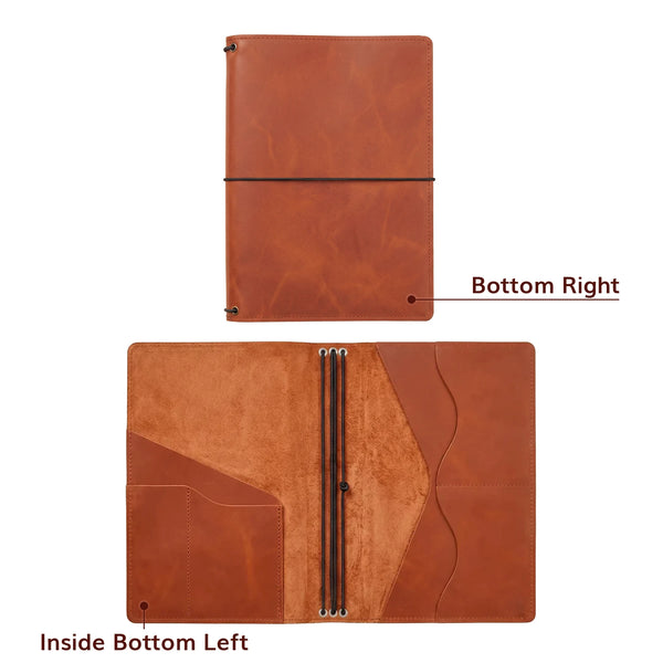 Brown leather journal shown from top and bottom perspectives on a white background