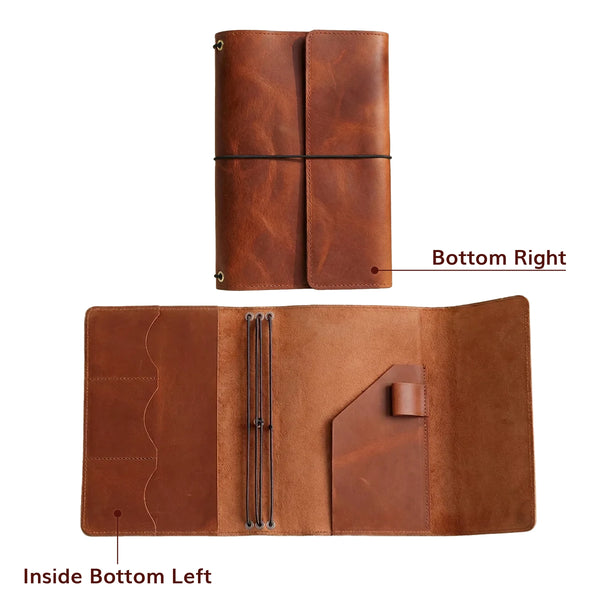 Brown leather journal shown from top and bottom perspectives on a white background