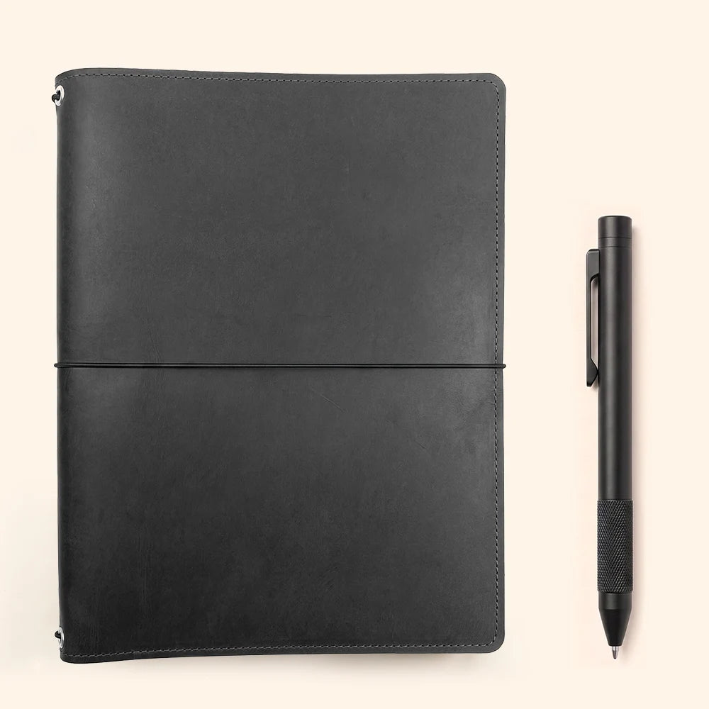 Handmade refillable cover showcasing elastic notebook holders and a spacious interior design.