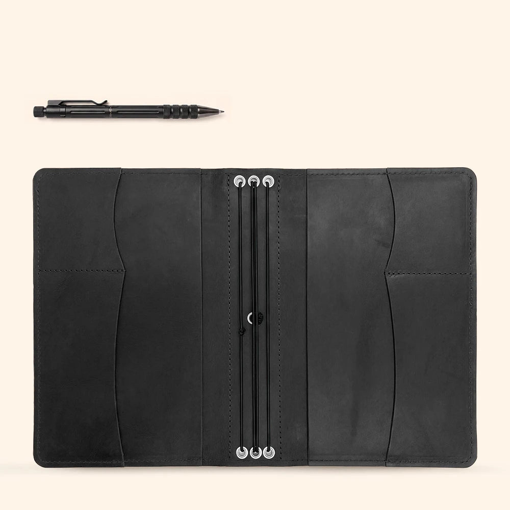 Genuine leather notebook carrier combining refined craftsmanship with practical organization.