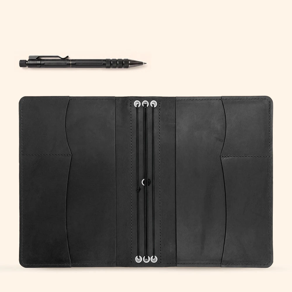 Leather planner sleeve with practical organization pockets and stitched writing instrument loop.