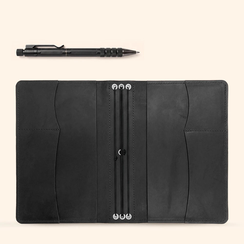 Genuine leather journal organizer with practical inside pockets and attached leather pen loop.