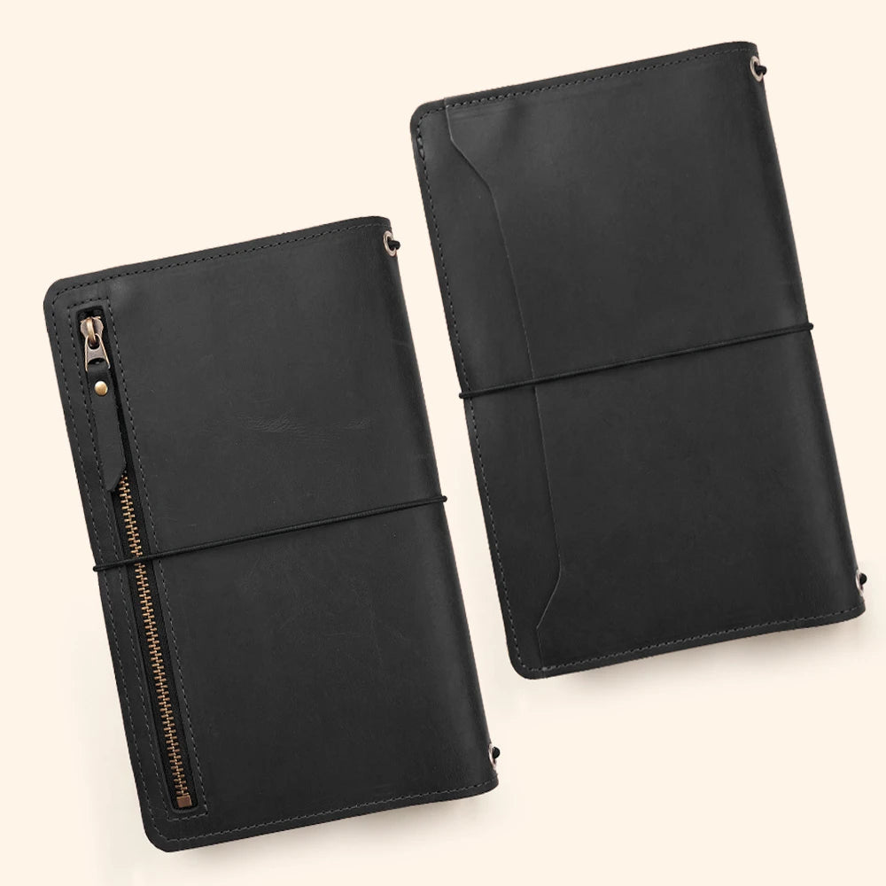 Genuine leather notebook jacket with organized storage for office and travel use.