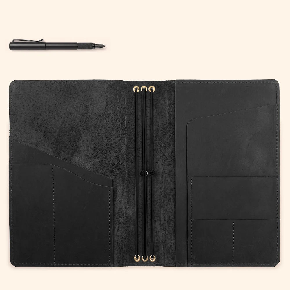 Reusable leather wrap built for combining three interchangeable notebooks together.