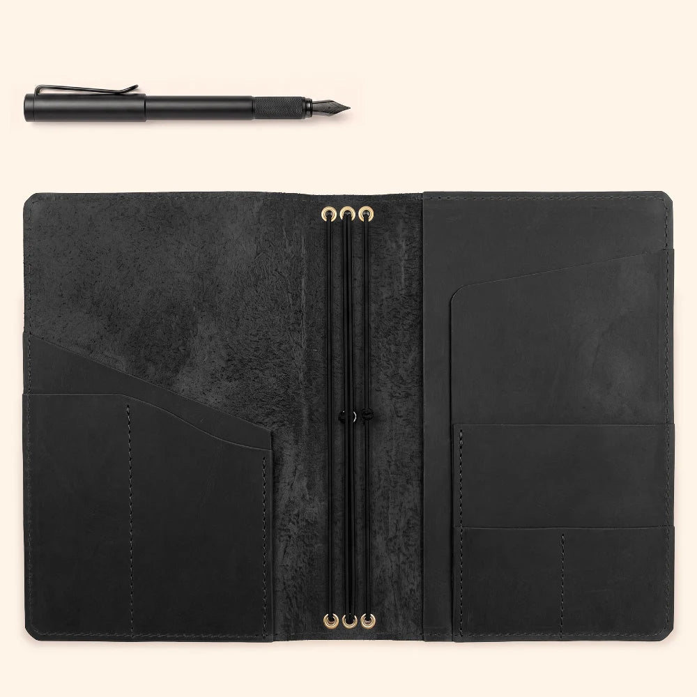 Reusable notebook wrap featuring three elastic cords beneath a genuine leather exterior.
