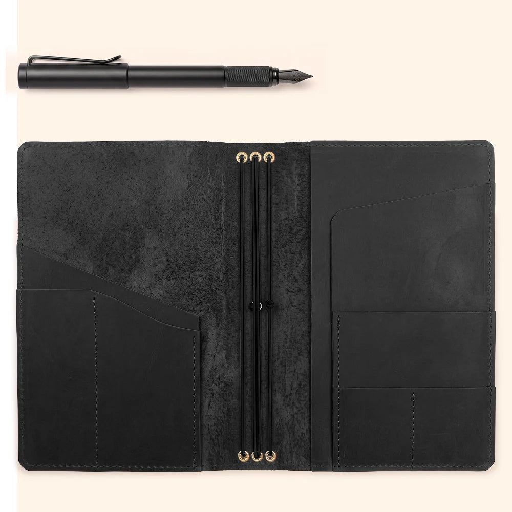 Handmade leather journal case with three elastic bands for secure insert storage.