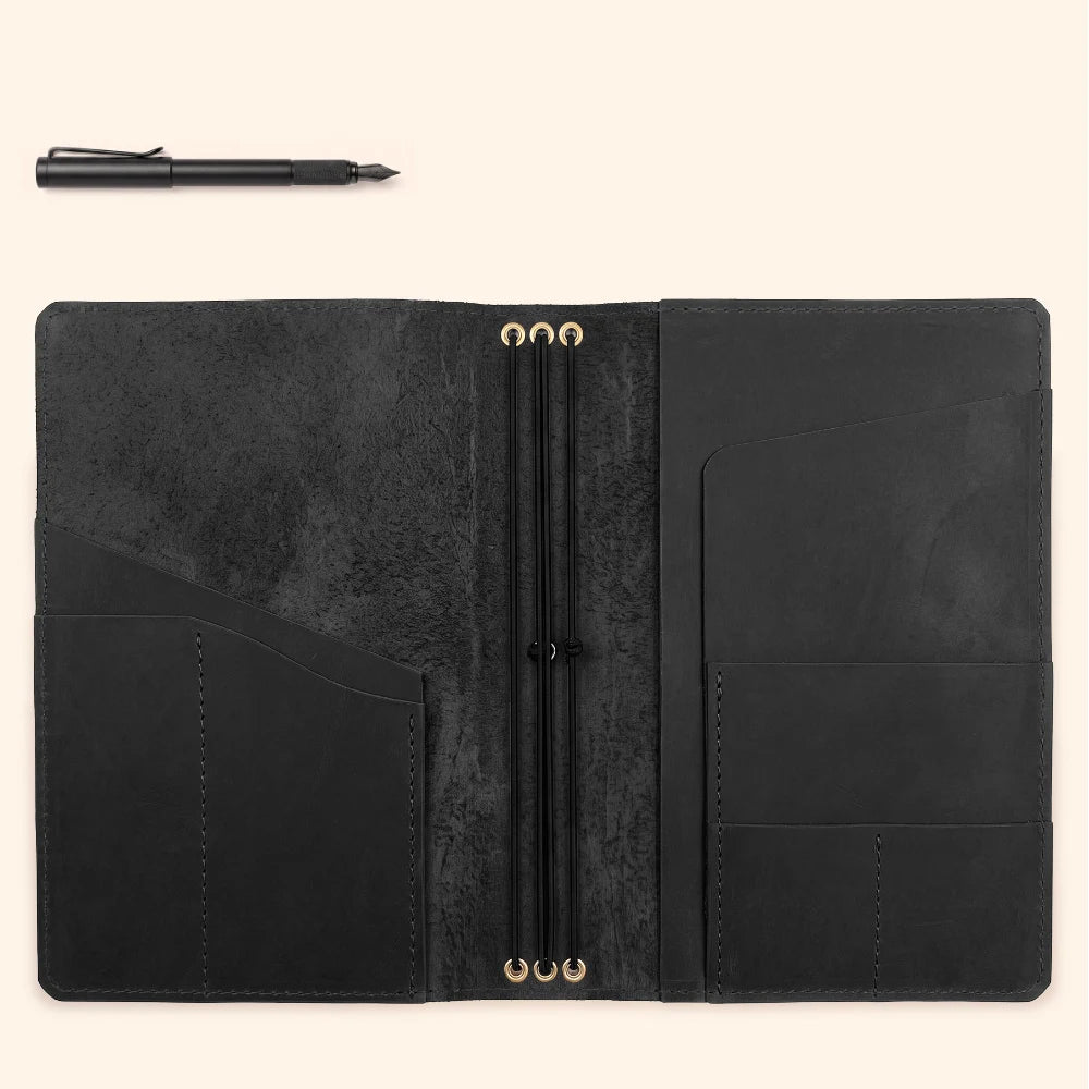 Reusable notebook organizer crafted from leather for three separate paper refills.