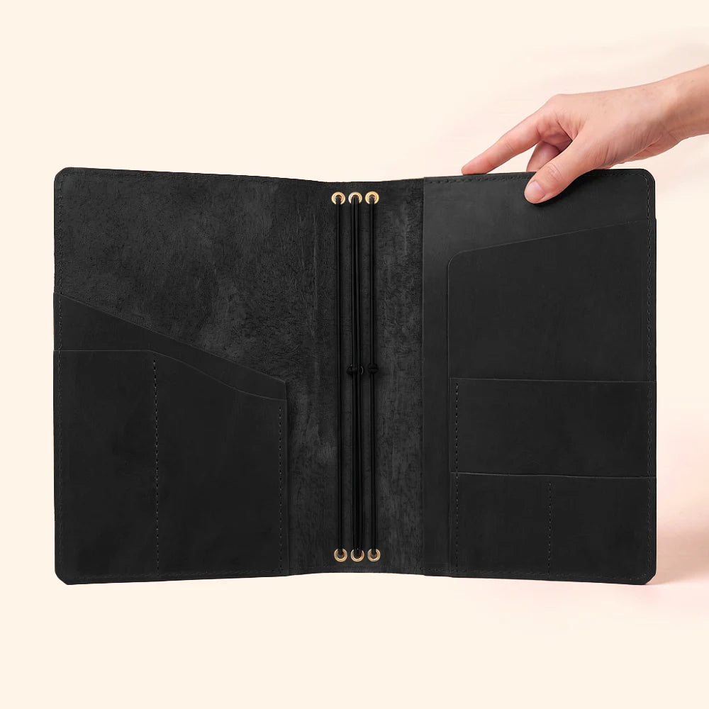 Handmade leather notebook wrap keeping three removable inserts conveniently together.