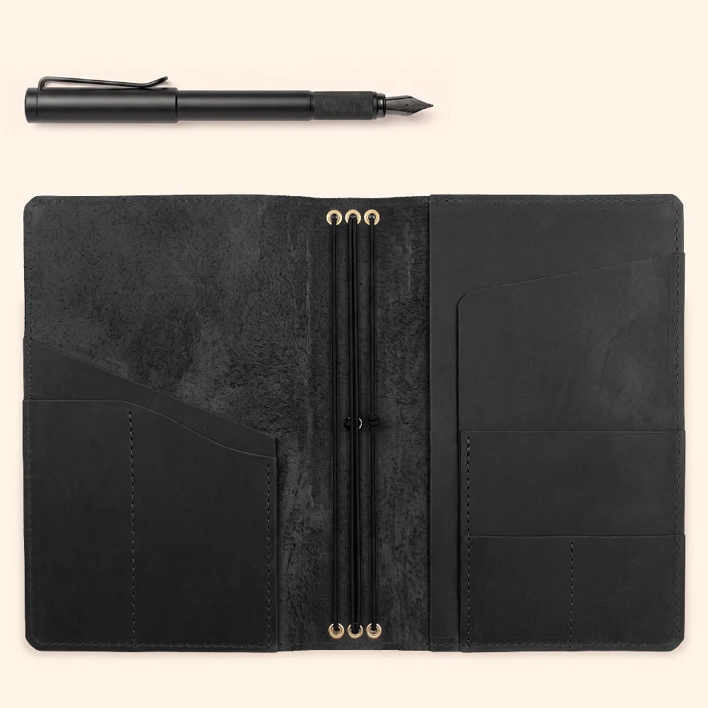 Durable genuine leather notebook case featuring three flexible elastic holders.