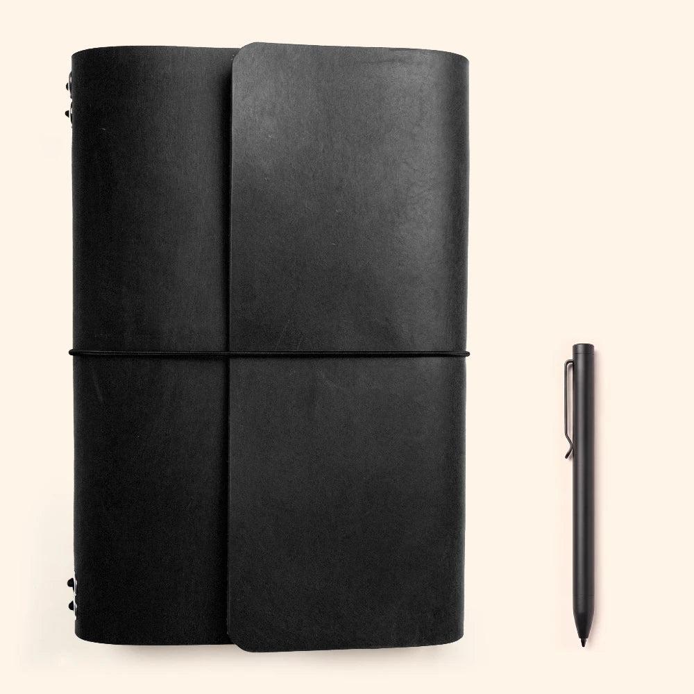 Natural leather journal organizer with six stretch retainers and convenient pen placement.
