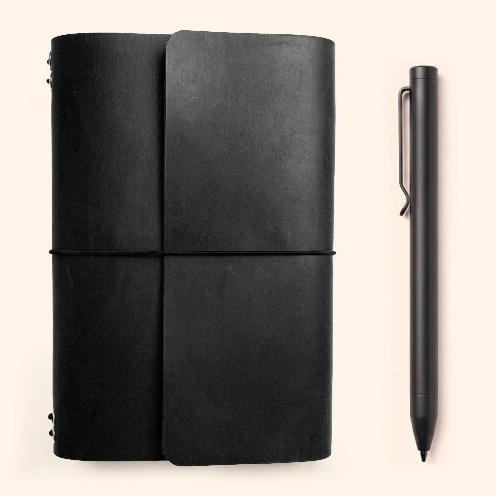Minimalist leather planner holder featuring six flexible elastic straps and pen loop.