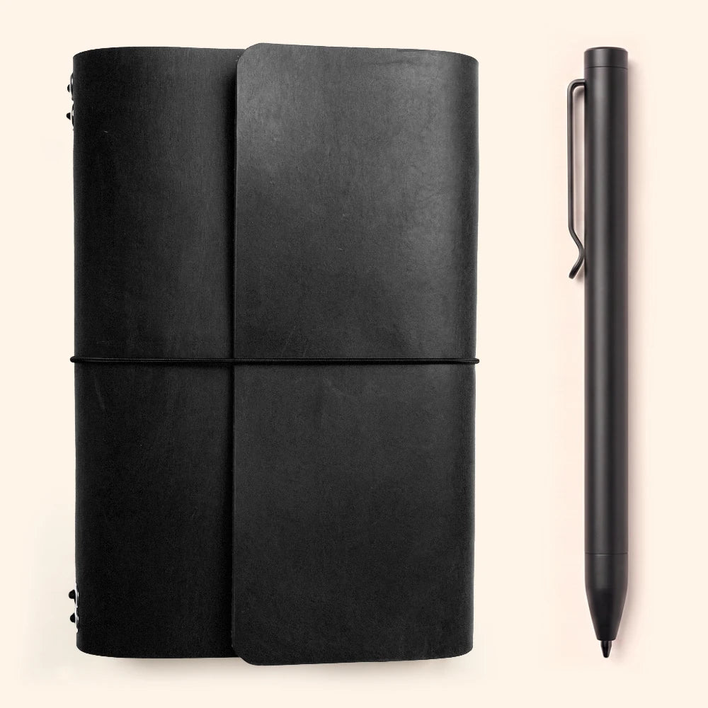 Handmade genuine leather cover designed to hold six notebook inserts securely.