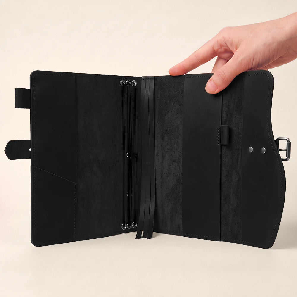 Genuine leather journal case with useful storage pockets, pen loop, built-in bookmark, and durable outer handle.