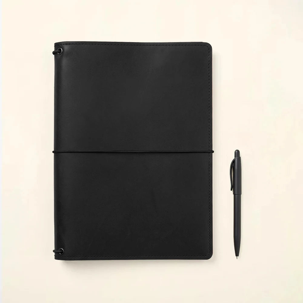 Leather notebook cover with premium finish, storage pockets, and refillable elastic holders.