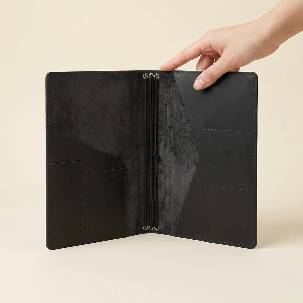 Travel-ready journal cover designed to keep notes and cards organized.