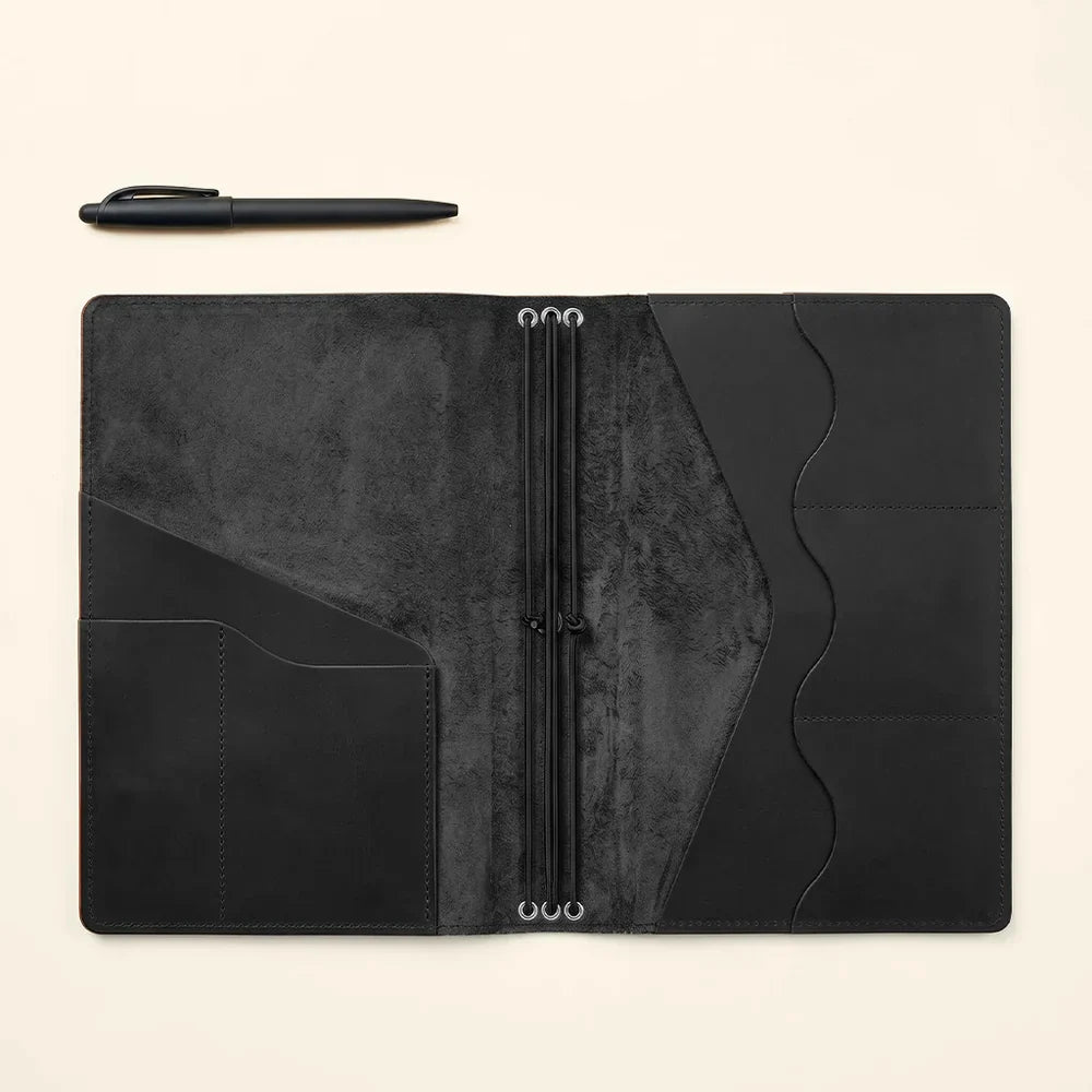 Refillable leather notebook protector with functional storage pockets and notebook elastic bands.
