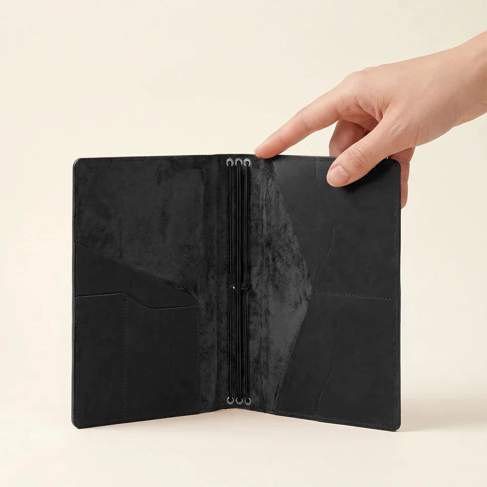 Leather notebook organizer with interior pockets and three elastic bands for refillable notebooks.