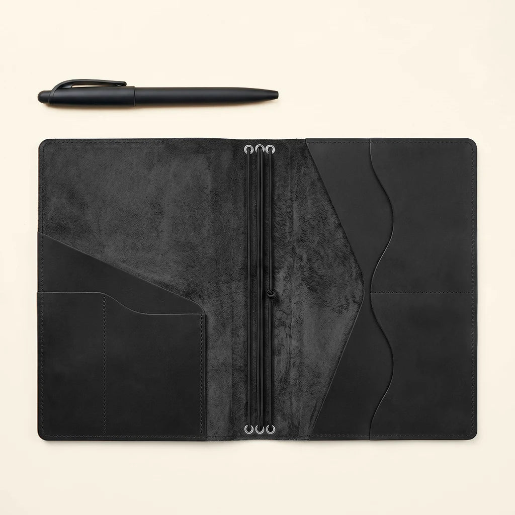 Handmade leather journal organizer with practical compartments and elastics.