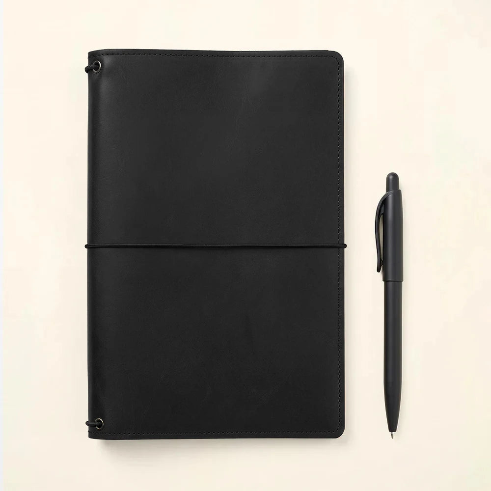 Genuine leather journal protector featuring notebook elastics and organized card storage.