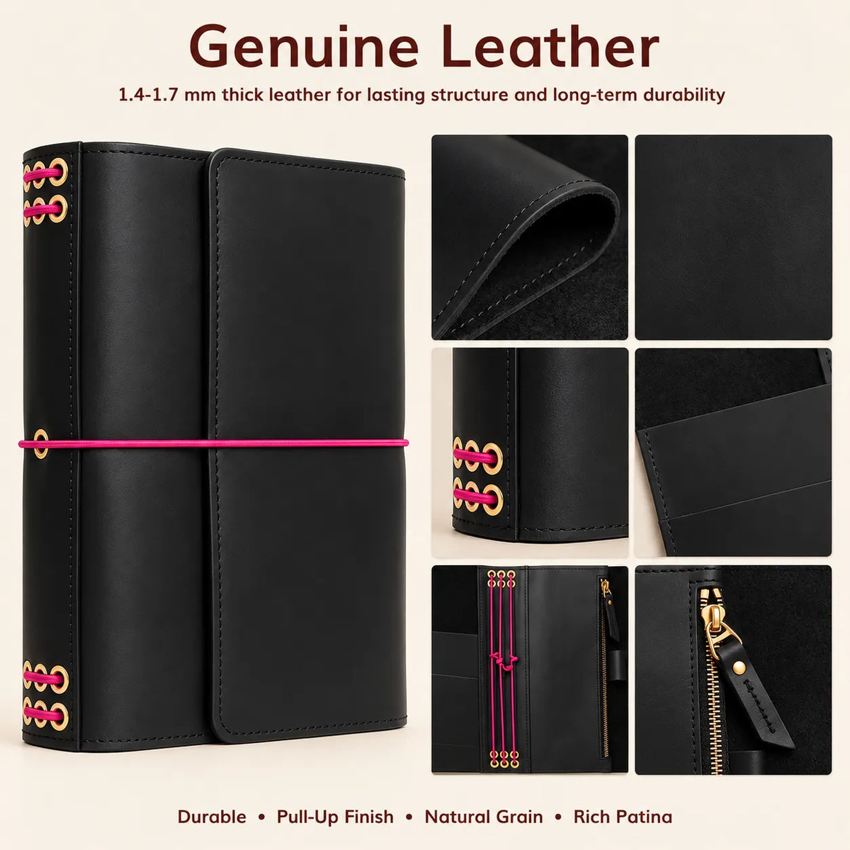 Black leather journal cover with three elegant pink elastic bands